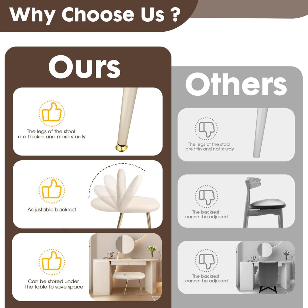 Vanity Chair with Adjustable Backrest, Boucle Upholstery Armless Makeup Stool, Cream White Sherpa Vanity Stool with Gold Metal Legs for Bedroom Living Room Kitchen Dinning Room (Gold and White)
