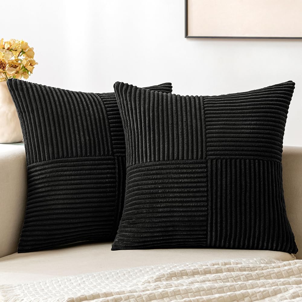 Black Decorative Throw Pillow Covers 18x18 Inch for Couch Bed Sofa Pack of 2 Boho Farmhouse Throw Pillows Soft Cross Corduroy Patchwork Textured Cushion Cases