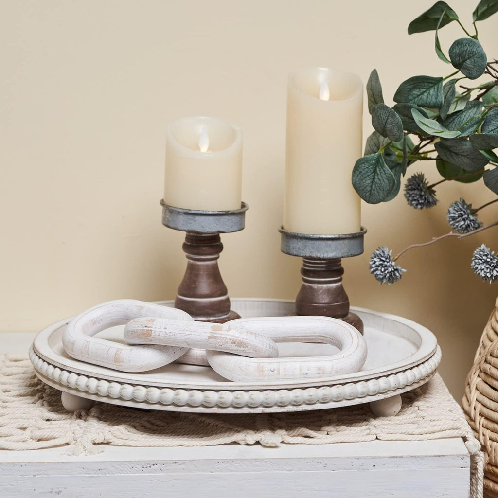 12in Round Wood Tray - White, Distressed, Farmhouse Rustic - Decorative Tray for Living Room, Coffee Table, Kitchen Table or Farmhouse Serving Tray