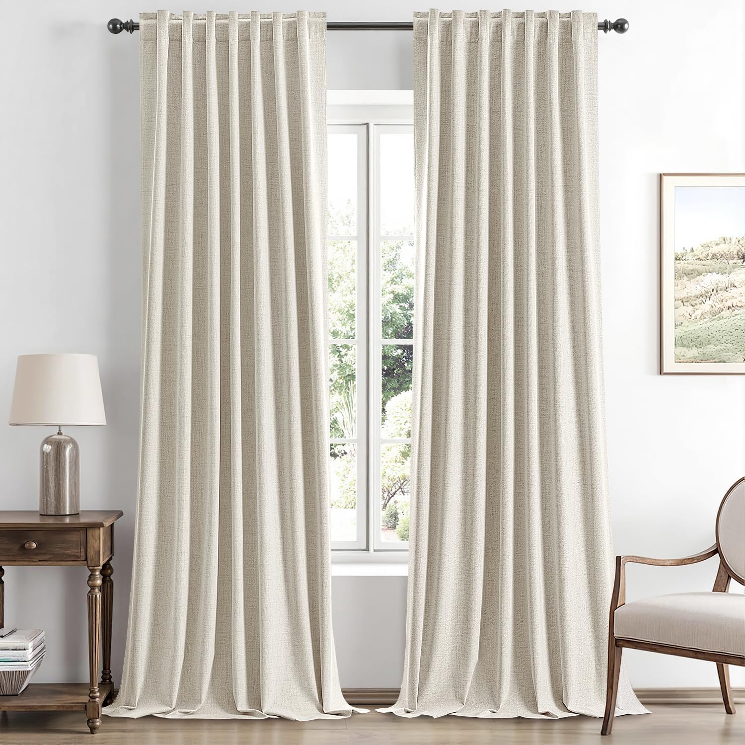 100% Blackout Linen Curtains for Bedroom, Ivory Solid Luxury Decor Thermal Insulation Room Darkening Drapes for Living Room Nursery Back Tab Rod Pocket 42 x 84 Inches, 2 Panels