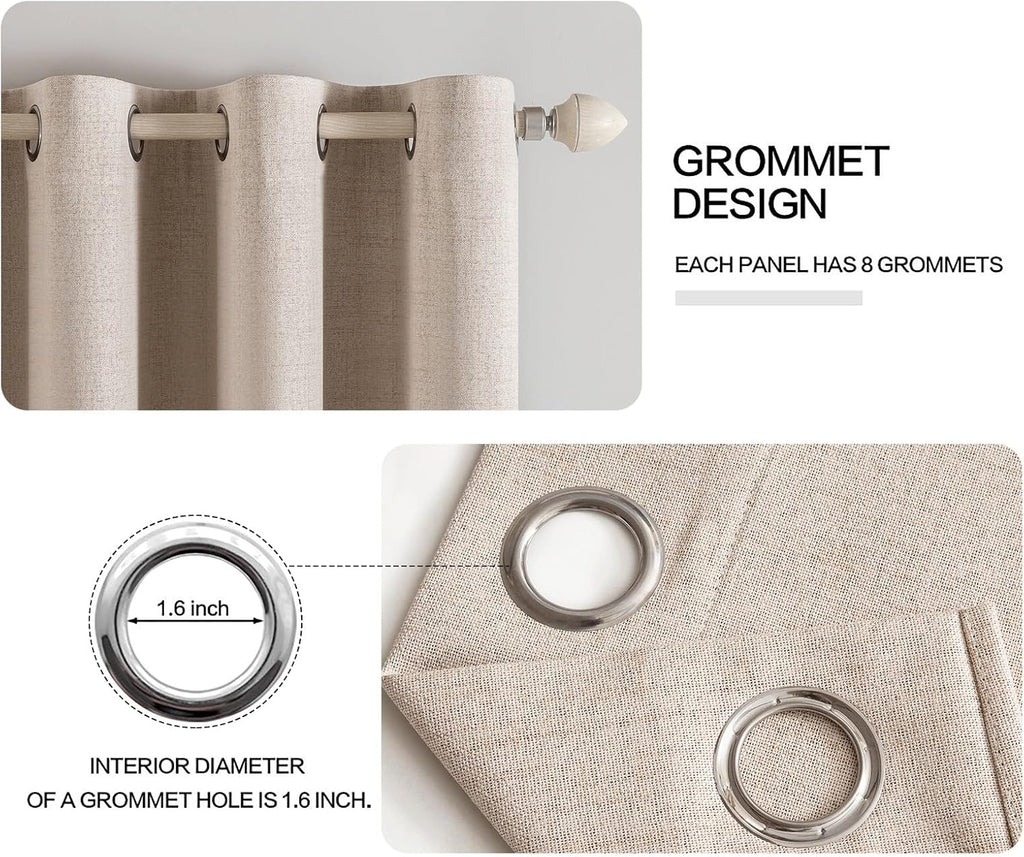 100% Blackout Linen Textured Curtains for Bedroom Solid Thermal Insulated Natural Beige Grommet Room Darkening Curtains & Drapes Luxury Decor for Living Room Nursery 52 x 84 Inch (2 Panels)