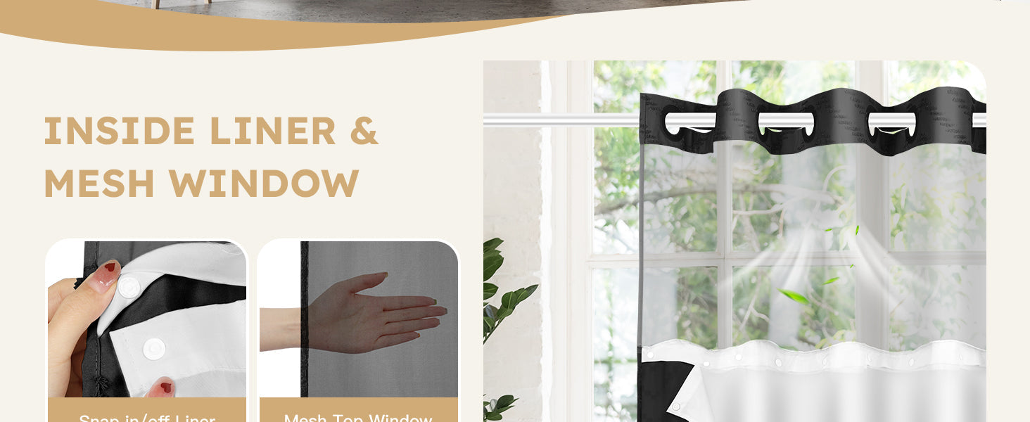 No Hook Shower Curtain and Liner Set, Black Snap in Shower Curtain Ringless Chevron Tufted Cloth Waterproof Washable Fabric Bath Curtain with See Through Top Window for Bathroom Hotel 71" x 74"