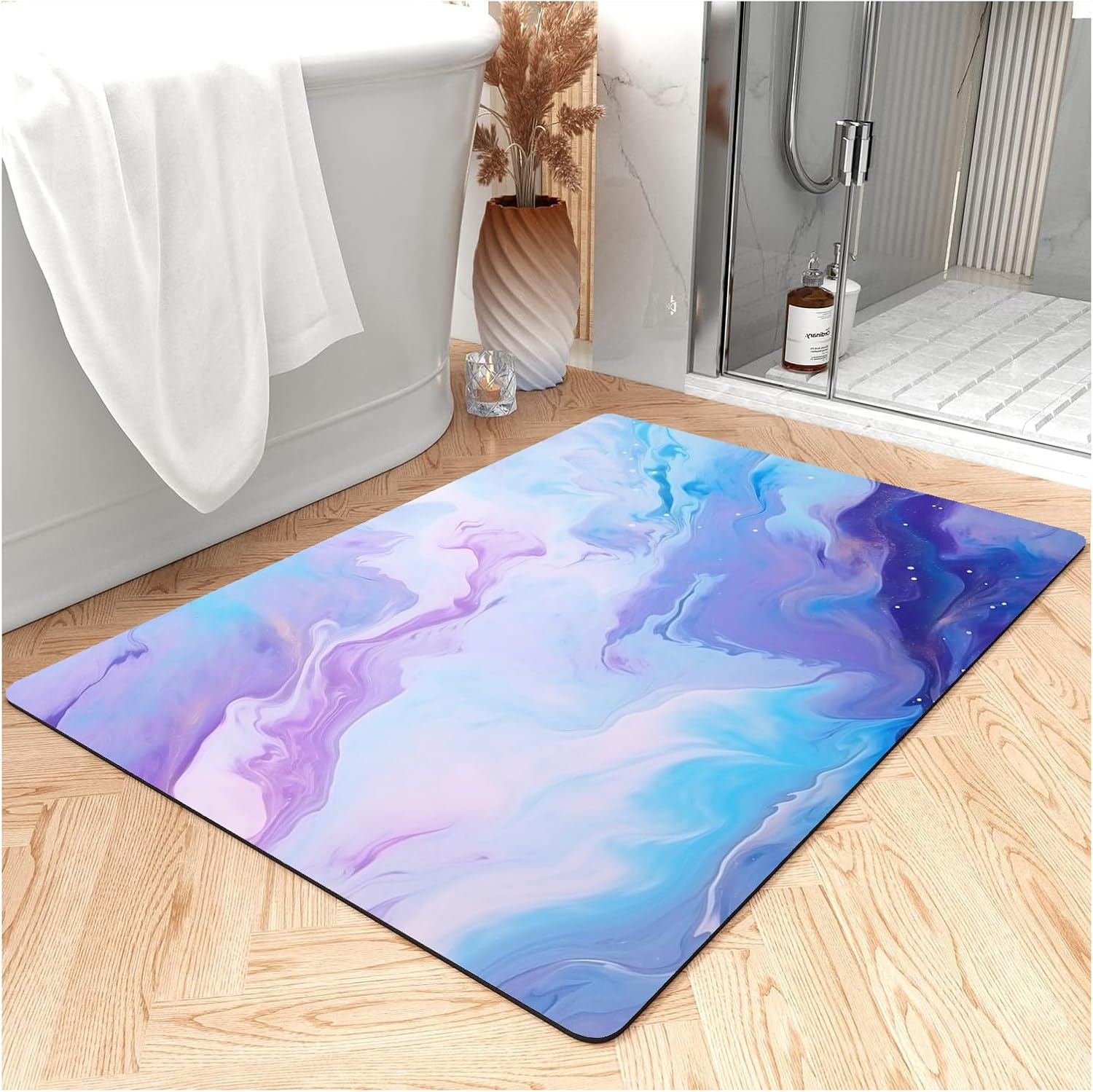 Fast Drying Thin Bath Mat Bathtub Mat | Diatomite Bathmat with Absorbent and Non-Slip Surface Easy to Clean | Colorful Marble Texture Bathroom Rug (3x5ft/36x60in/90x150cm, Pink/Medium Purple)