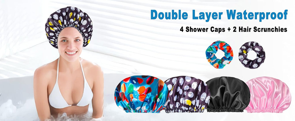 Shower Cap for Women Set of 4, Bath Caps, Double Layers Hair Caps + 2 Satin Hair Scrunchies, Reusable Waterproof Shower Caps, Elastic Hair Cap for Shower - Pattern A