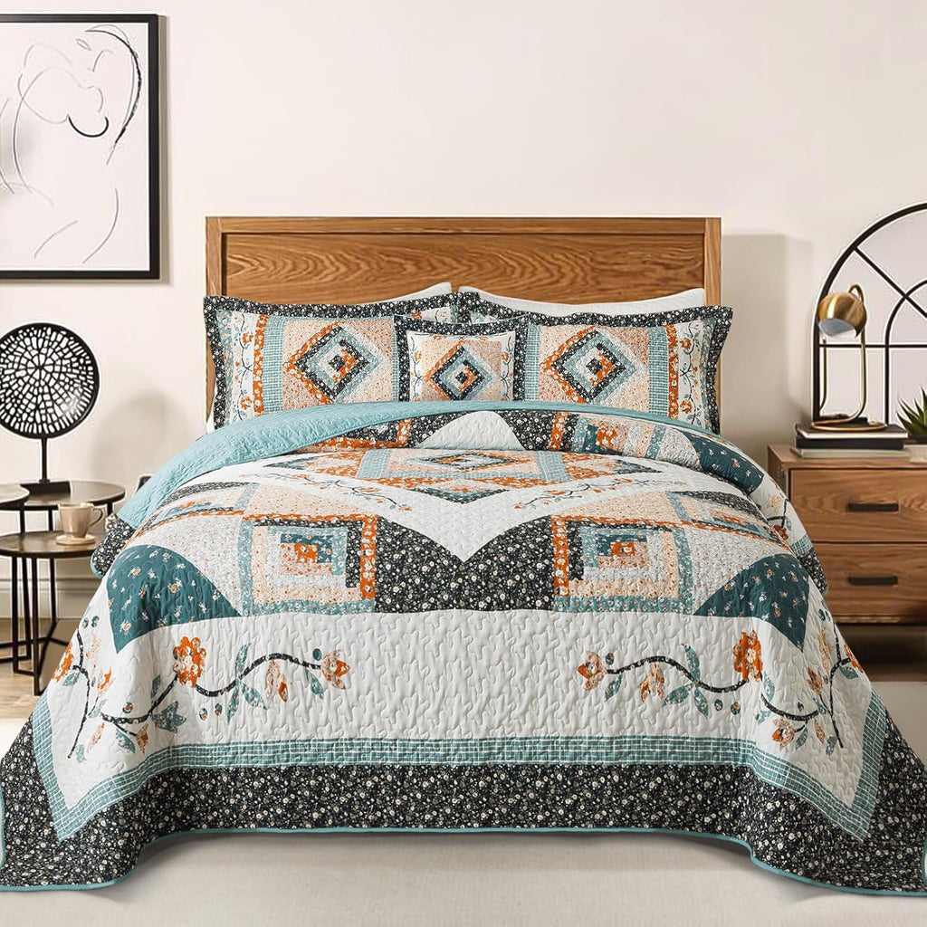Farmhouse Cotton Quilts Queen Size for Fall - Lightweight Patchwork Autumn Bedspread Set for Bed Coverlet - Highly-Woven Soft Reversible Bed Spread for All Seasons (Floral Orange) 3 Pieces