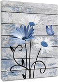 Farmhouse Floral Wall Art for Living Room, Blue and White Daisy Flower and Butterfly on Rustic Wood Board Canvas Wall Art Framed Artwork Ready to Hang for Bathroom Bedroom Decor, 16L X 12W