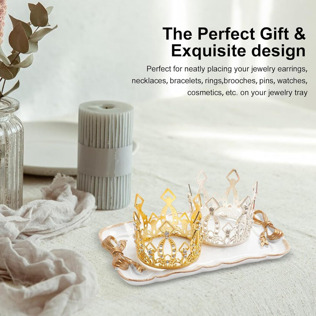 Jewelry Organizer, Decorative Tray for Jewelry, Towel, Storage, Rings, Bracelets, Earrings, Cosmetics, Retro Design, Bow Decor Resin Plate Coquette for Room Decor, White